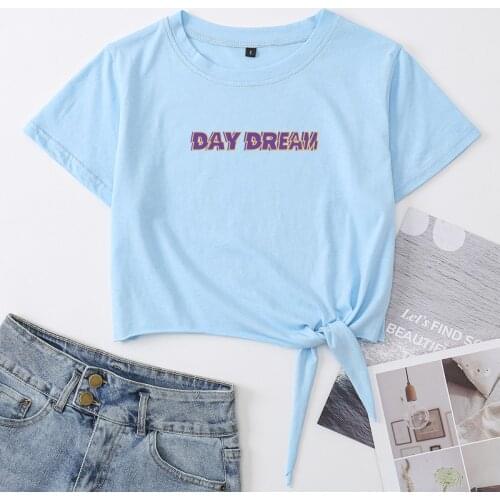 Day Dream Believer Knotted Crop Top Shirt Womens Summer Short Sleeve Cotton T-Shirt Cropped Tops Graphic Tee with Front Tie Knot