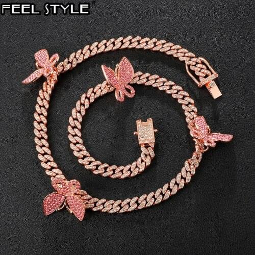 Hip Hop AAA Bling 8MM Miami Butterfly Cuban Chain Iced Out Rhinestone Paved Necklaces Bracelets for Women Men Jewelry