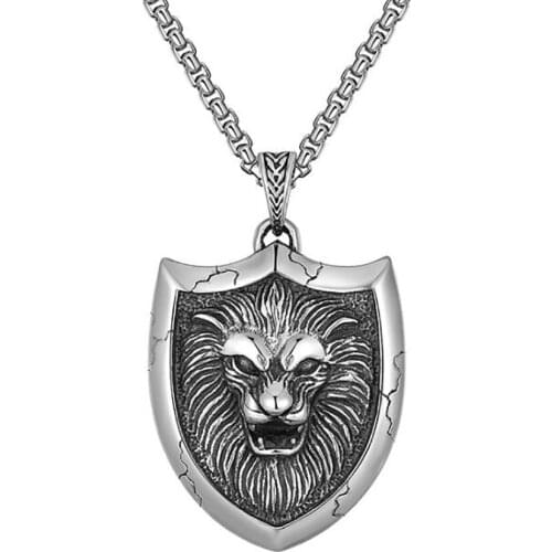 Stainless Steel Shield Animal Lion Vintage Pendant Necklace Men Punk Rock Jewelry Gift For Him with Chain