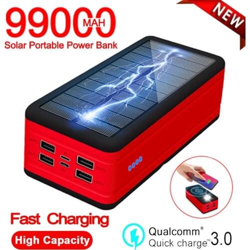 Solar Power Bank Wireless 99000mah Portable Charger With LED Light Four USB Ports External Battery For Xiaomi Iphone Samsung