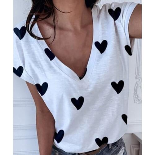 Female Sexy T Shirt Summer V Neck Short Sleeves Heart-shaped Printed Tops Ladies Casual T Shirt Streetwear Fashion