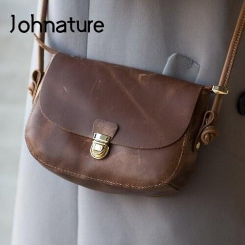Johnature Retro Handmade Crazy Horse Leather Women Small Bag 2021 New Simple Nature Soft Cowhide Shoulder Messenger Bags