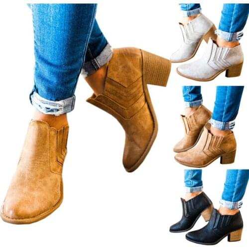 Women Ankle Boots Mid Block Heels Short Booties Slip On Chunky Comfy Shoes Size Solid Color Fashion Casual