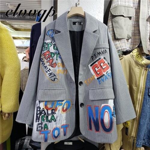 New Spring Autumn Plaid Blazer Women Fashion Graffiti Print Blazers Jacket Lady Loose Casual Suit Jackets Streetwear Blazer Coat
