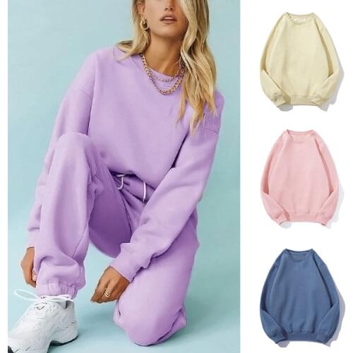 Women Casual Solid Color Tracksuit Sweatshirts Sweatpants Suit Autumn Spring Loose Warm Fleece Sport Hoody Trouser Outfits