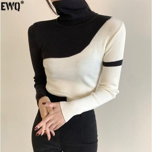 [EWQ] Fashion Chic Black White Spliced Knit Pullover Womens Autumn 2021 New Turtleneck Loose Long Sleeve Sweater Female 16E3013