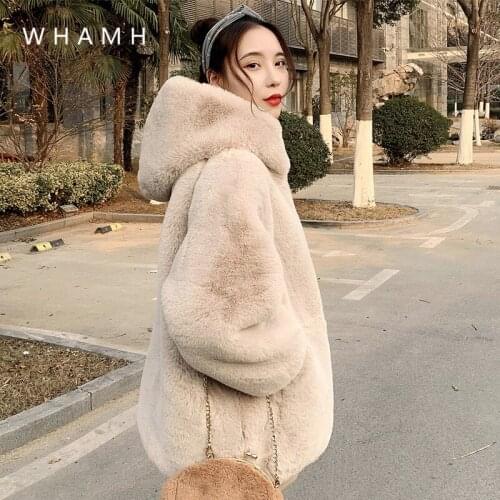 Korean version plush fur coat female mid-length 2020 winter cocoon zipper imitation rabbit fur hooded coat loose classic lazy