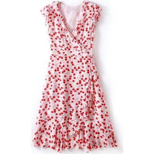 2019 spring and summer womens new fashion V-neck ruffled waist slimming silk printed A-line dress