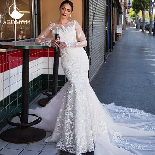 Aedmgh Sheath Mermaid Wedding Dresses 2021 Scoop Long Sleeve Court Train Vestido De Novia Beaded Appliques Robe De Mariee