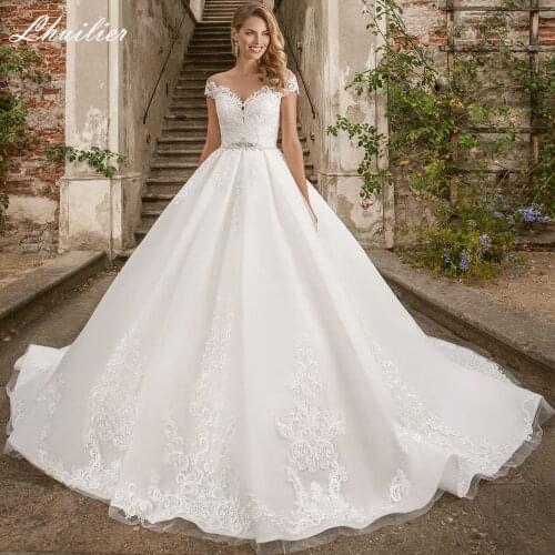 Lhuilier Elegant Womens A Line Scoop Neck Wedding Dresses Short Sleeves Floor Length Beaded Chapel Train Lace Bridal Gowns
