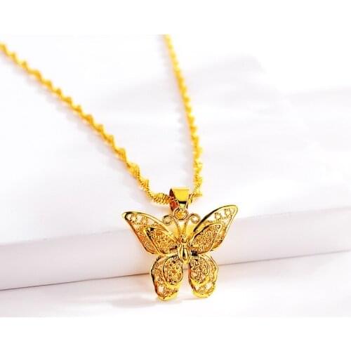 24k yellow Gold butterfly shaped necklaces for women Wedding engagement fashion Womens pure gold necklace chain jewelry Gifts