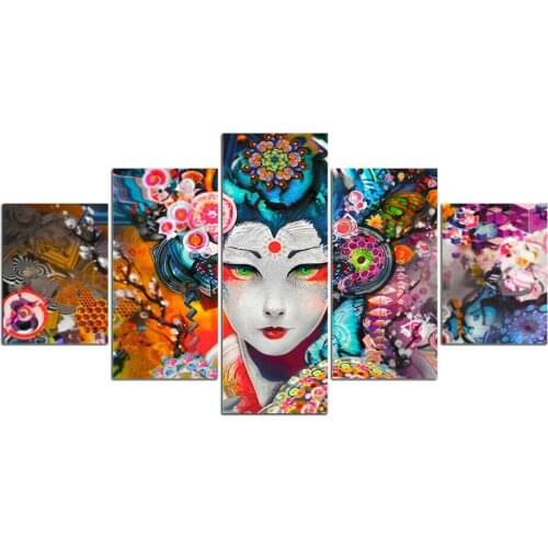 5 Pcs Canvas Pictures Print Wall Art Canvas Japanese Lady Face Paintings Wall Decor for Living Room No Framed