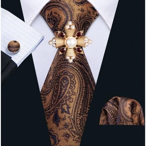 Barry.Wang Necktie for Men Gold Paisley Tie Pocket Square Cufflinks Brooch Set Designer for Wedding Party Yellow Fashion Necktie