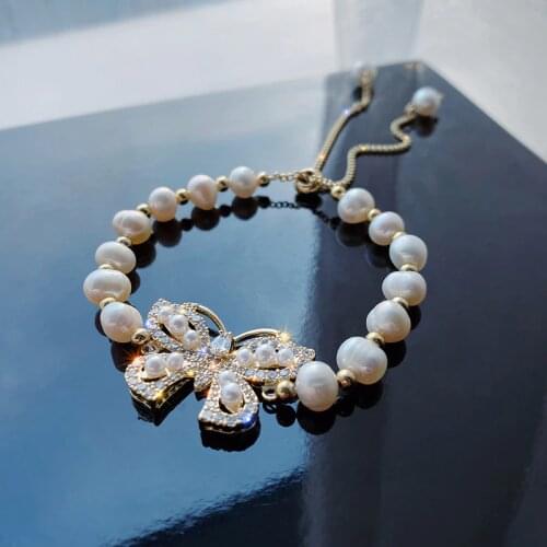 Origin Summer Natural Baroque Pearls Bracelets for Women Freshwater Pearl Shiny CZ Zircon Butterfly Charm Bracelet Chic Jewelry