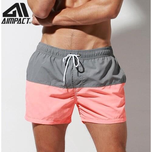 Aimpact Fast Dry Mens Board Shorts with Lining Sexy Patchwork Drawstring Surf Swim Trunks Beachwear Sport Running Hybrid Shorts