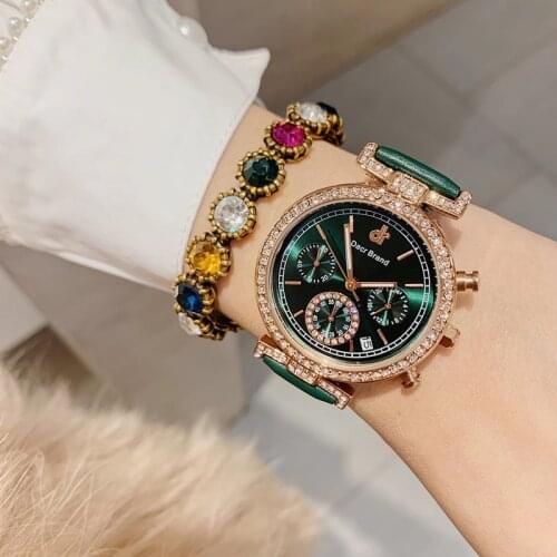 Shinning Crystals Green Watches for Women Waterproof Real Leather Strap Watch Workable Sub-dial Analog Wristwatch Calendar Reloj