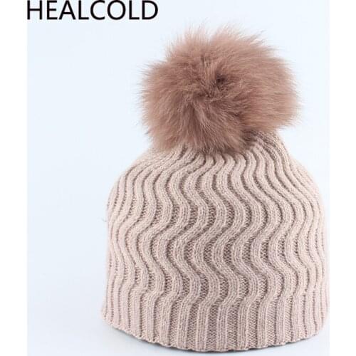 Kids Wool Hats Real Fur Pompom Hat Fox Fur Ball Knitted Warm Beanies For Children Girls And Boys 2019