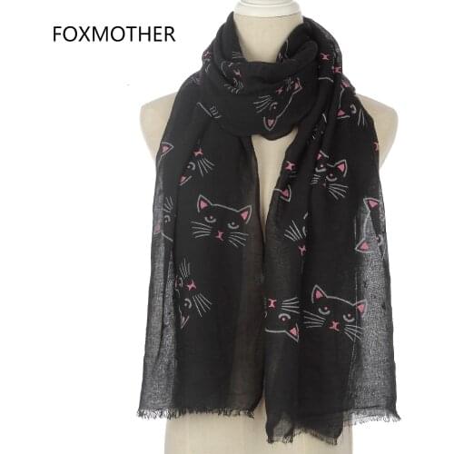 FOXMOTHER New Cute Fashion Ladies Black Grey Beige Cat Print Long Scarf For Womens