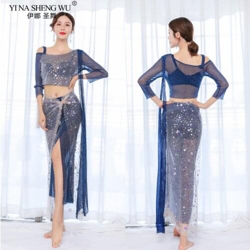 Bellydance Sequin Beaded Net Gauze Top + Hip scarf Skirt Sexy Elegant Fairy Belly Dance Practice Costume Sets Danceing Team Wear