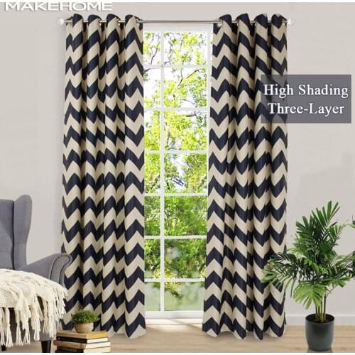 MAKEHOME Three-Layers Fabric Blackout Curtains for Bedroom Living Room W Horizontal Stripes Printed Blinds Window Curtains