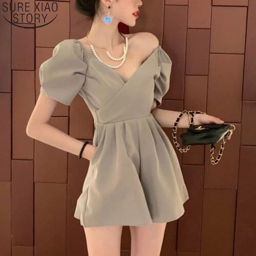 Fashion High Waist Short Bodysuits 2021 Sexy Shoulderless Women Jumpsuits Kong-Style V Neck Short Sleeve Playsuit Shorts 15547