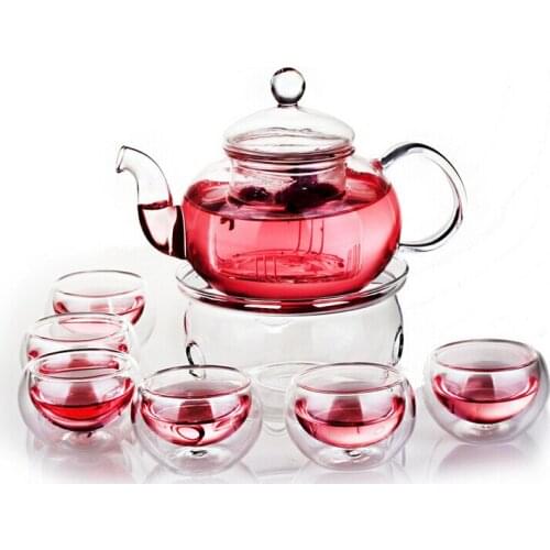 Borosilicate Glass Tea Pot Set Infuser Teapot With Warmer And 6 Double Wall Tea Cups
