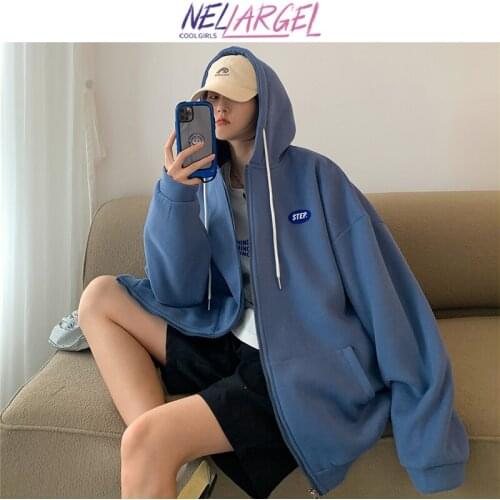 NELLARGEL Women Solid Vintage Oversized Hooded Hoodie 2021 Female Colorful Korean Fashion Sweatshirt Girl Y2k Harajuku Cardigan