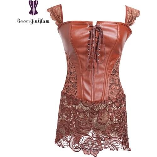 Wholesale plus size 6XL sexy corset clubwear body shperwear dress zip back leather gothic corset dress with G string 903