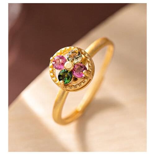 Original design geometric flower inlaid with diamond Chinese style unique antique gold craft silver jewelry rings for women
