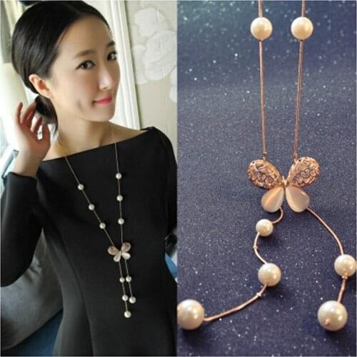 Korean Butterfly Pearl Women Necklace Rhinestone Flower Pendant Sweater Chain Long Necklaces For Females Charm Jewelry