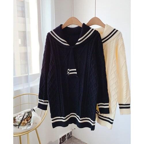 2021 fall/winter pullover knit sweater pullover womens new knit crew neck sweater mid-length college style loose outer wear