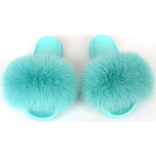 Womens Fluffy Fox Fur Slippers Ladies Home Non-Slip Furry Sandals Female Fashion Cute Colored Flat Shoes Soft Plush Slides New