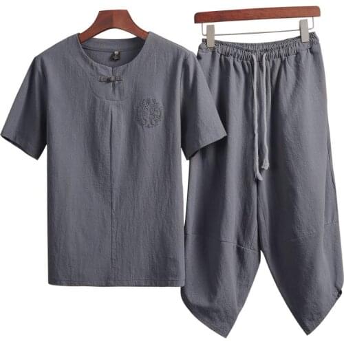 Tracksuits Men 2020 Summer Male Cotton and Linen Short-sleeved T-shirt Suit Mens Loose Cropped Trousers Cool Linen 2 Pieces Set