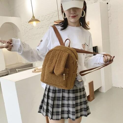 Teddy Hair Shoulders Bag Mini Fleece Backpacks Rabbit Ears Plush Backpack Women 2021 Kawaii Fluffy Bagpack Cute Furry Bag Girl