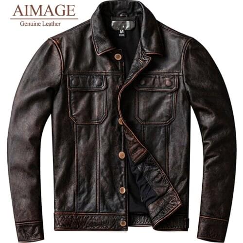The first layer of cowhide leather Jacket mens short retro jacket brown washed distressed pure Motorcycle leather jacket PY058