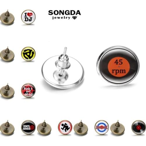 SONGDA Old School Vinyl Vintage Woman Earrings DJ Disco Music Lover Glass Cabochon Badge Stud Earrings Uncommonly Jewelry Gifts