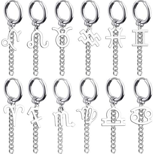 VIVILADY New Multiple Styles Geometry Hipster Twelve Constellations Titanium Steel Drop Hoop Earrings Clip Punk Wholesale Unisex