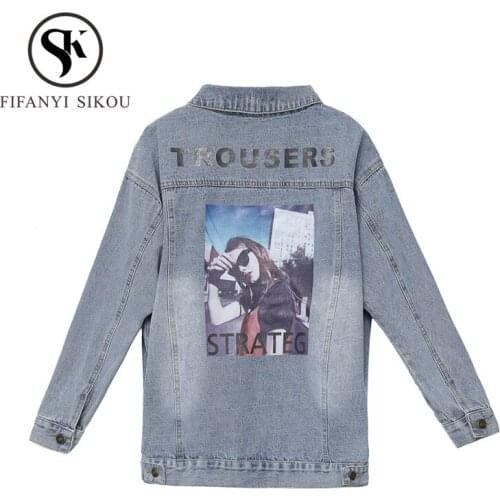 2020 Spring Women Plus Size Denim Jacket Fashion Print Jeans Jacket Pocket Loose Washed Jeans Coat Casual Basic Jackets 5XL
