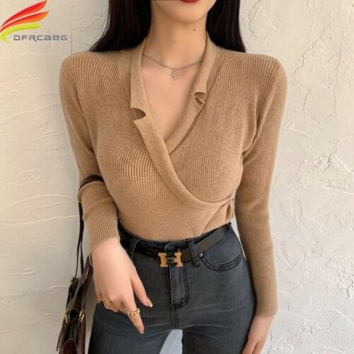 Knitted T Shirt Women 2021 Autumn New Fashionable Korean Style Cross V Neck Collar Gray Khaki Black Long Sleeve Top Body Shirt