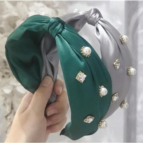 Elegant Green Satin Headband Pearls for Women Accessories Solid Head Band Knotted Wide Hairband Adults Wedding Crystal Headband