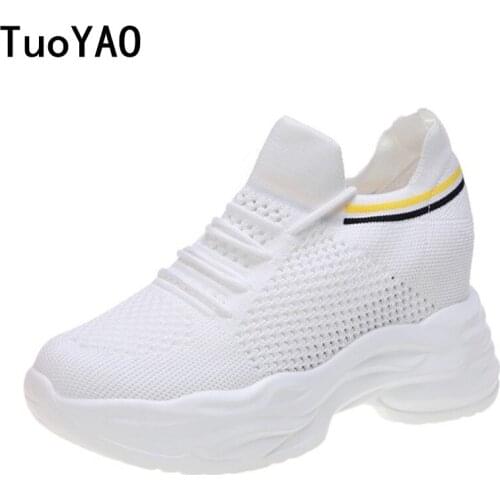 Women Chunky White Shoes Thick Sole Black Sneakers 8CM Heels Wedge Shoes Breathable Mesh Casual Shoes For Woman Vulcanize Shoes