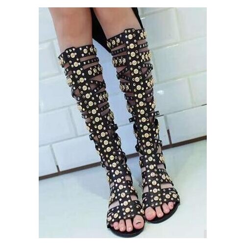 Gold Studs Women Straps Cage Sandal Boots Sexy Open Toe Ladies Gladiator Boots Fashion Flat Boots Zipper Back Summer Boots