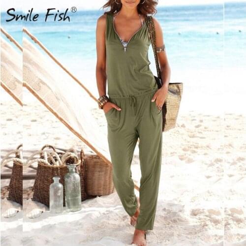 Casual Beach Jumpsuits Sexy V-neck Zipper Sleeveless Women Rompers Solid Summer Plus Size Trousers New Burgundy Long Pants LX341