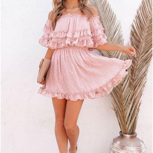 2021 Women Dress Print Ruffles A-Line Backless Off Shoulder Slash Neck Vacation Sundress Mini Dress Summer