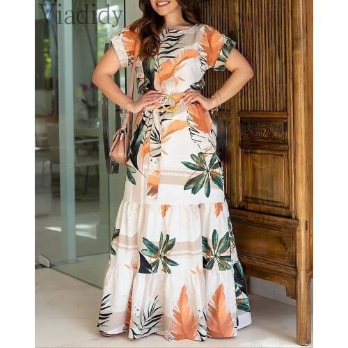 Women Casual Print Short Sleeve Maxi Dress