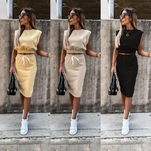 Women Casual Dress Sets Sleeveless Tank Tops + Elastic Waist Midi Skirts 2 Piece Sports Sweater Dress Summer Outfits Streetwear