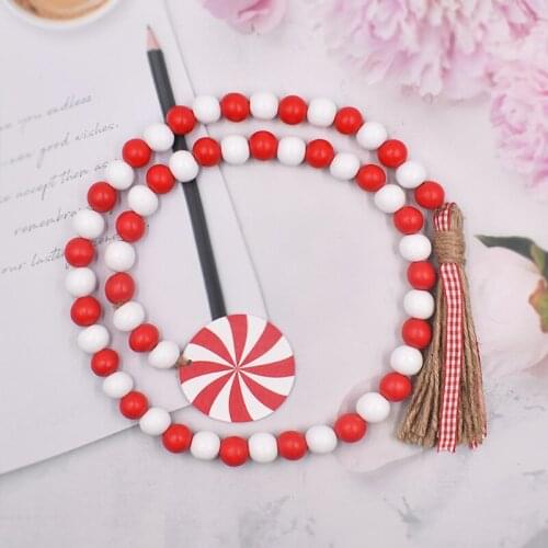 56pcs 16mm Wood Bead Garland with Tassels Farmhouse Decor Tiered Tray Decor Buffalo Plaid Gingham Wooden Beaded Garlands