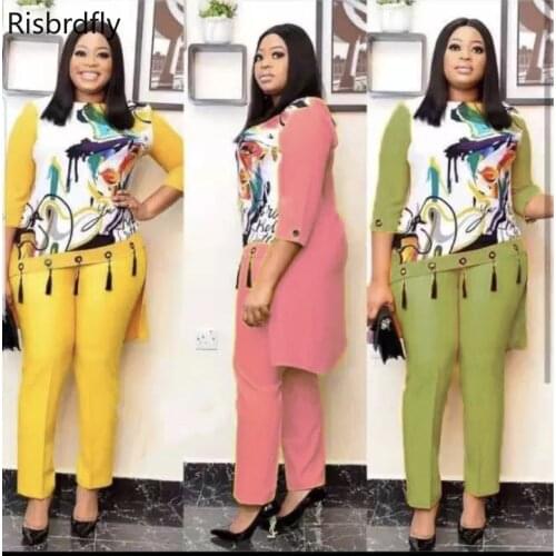 African Clothes for Women 2021 African Women Long Sleeve Printing Polyester Two Pieces Set Top and Long Pant African Clothing