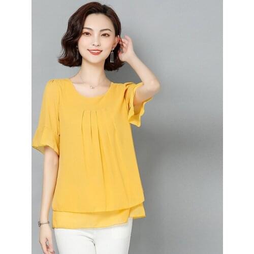 M-6XL Women Chiffon Blouse Summer 2021 New Fashion Casual Ruffles Short-sleeve Loose Pullovers Tops Female Red Black