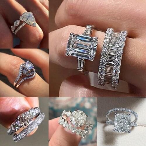 CAOSHI 2Pcs/Set Luxury Crystal Cubic Zirconia Promise Rings for Women Trendy Engagement Wedding Party Jewelry Accessories Gifts